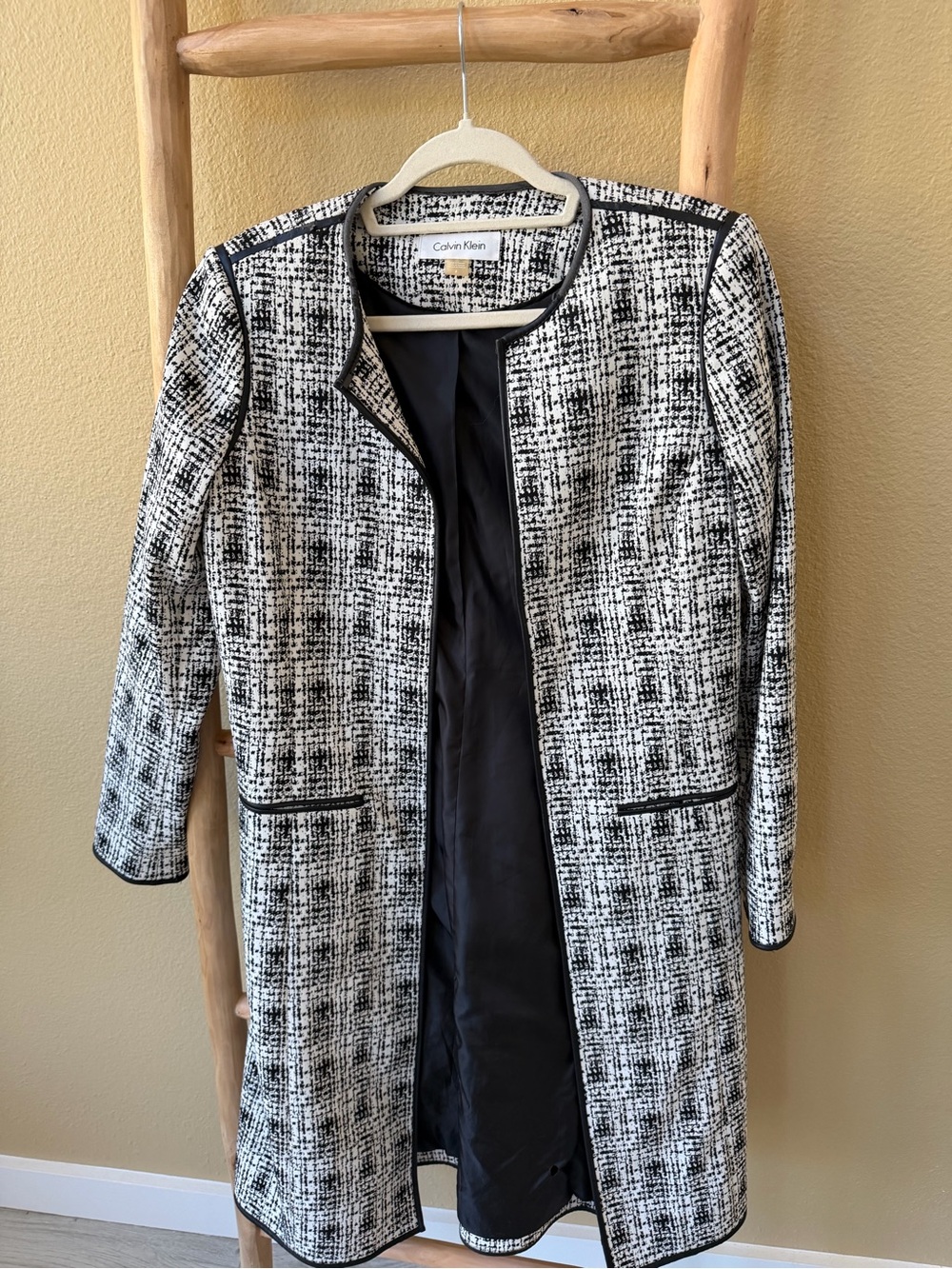 Calvin Klein Black & White Tweed Collarless Long Coat